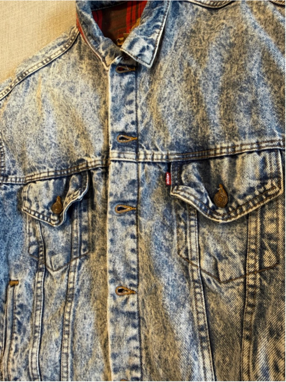 Vintage Levi’s 80s acid wash plaid lined button up jean jacket size Large - Picture 8 of 14
